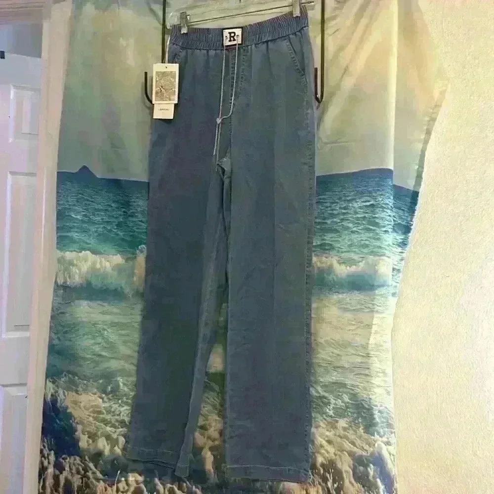 High-Waisted Sky Blue Jean Style Pants with Letter R and Adjustable Heart Chain